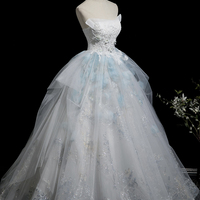 Blue Tulle Lace Long Prom Dress, A-Line Fairy Evening Dress - Thumbnail 4