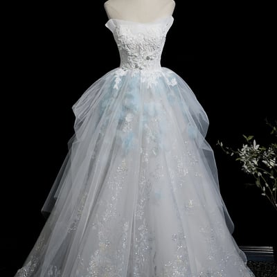 Blue tulle lace long prom dress, a-line fairy evening dress - Thumbnail 1