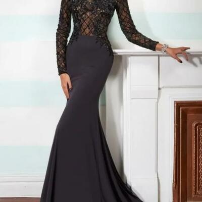 Elegant mermaid mother of the bride dresses high neck long sleeve lace applique black beads crystals chapel train evening gowns