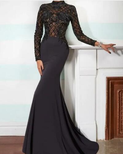 Elegant Mermaid Mother of the Bride Dresses High Neck Long Sleeve Lace Applique Black Beads Crystals Chapel Train Evening Gowns
