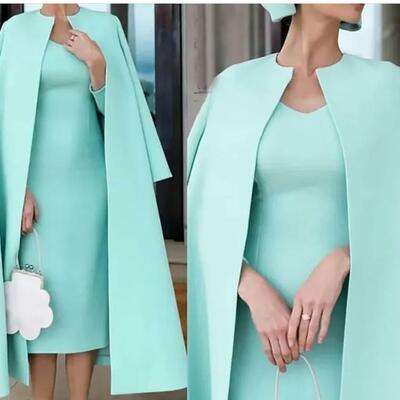 Mother's dresses custom mother of the bride plus size new formal straight satin with jacket two pieces o-neck long sleeve tea-length