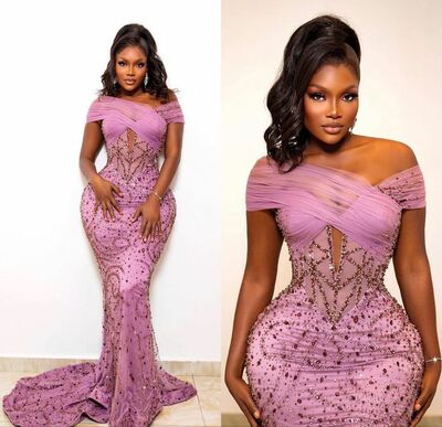 Pink Sparkle Sequins Lace Prom Dresses for African Women Birthday Party Dress