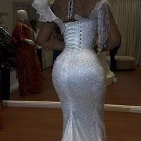 White Prom Dresses for African Women Sequins Lace Handmade Flowers Birthday Party Dress - Thumbnail 1