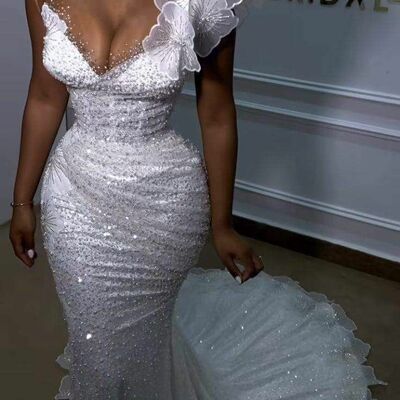 White prom dresses for african women sequins lace handmade flowers birthday party dress