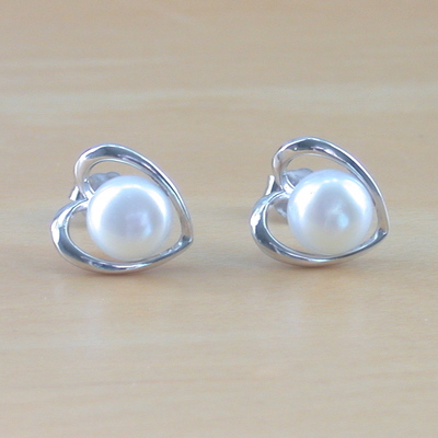 Sterling silver white freshwater pearl heart earrings/pearl earrings/heart earrings/pearl jewellery/pearl jewelry/june birthstone/uk