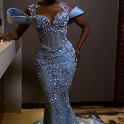 Blue sheath prom dresses for african women beading cyrstals birthday party dress