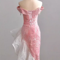 Off The Shoulder High Low Pink Velvet Prom Dresses - Thumbnail 2