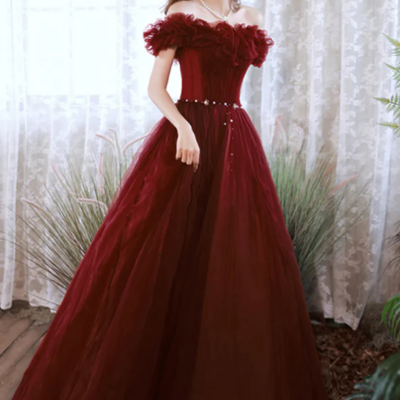 Off shoulder wine red tulle long evening dresses