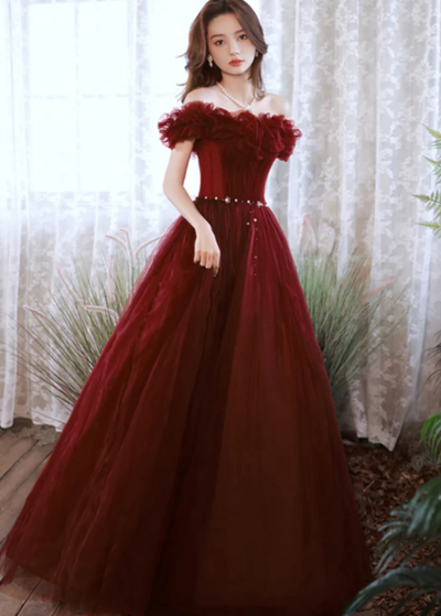 Off Shoulder Wine Red Tulle Long Evening Dresses