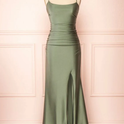 Modest straps sage green slit prom dress long 