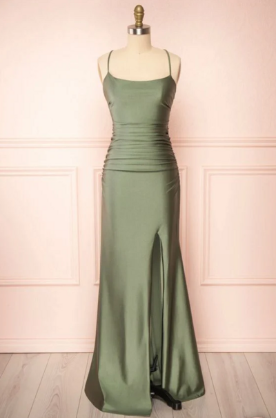 Modest Straps Sage Green Slit Prom Dress Long 