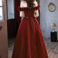 Off Shoulder Wine Red Tulle Long Evening Dresses - Thumbnail 1