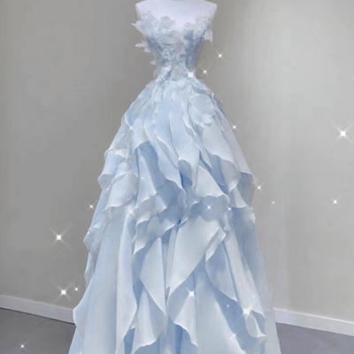 Blue tulle see through neck appliques prom dress,1118