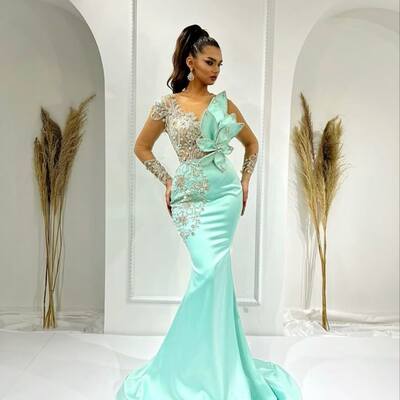 Green sheath prom dresses for african women beading cyrstals birthday party dress