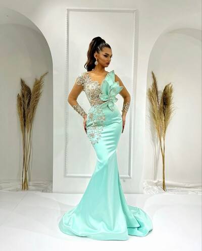 Green Sheath Prom Dresses for African Women Beading Cyrstals Birthday Party Dress