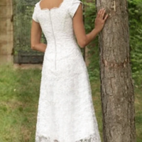 High Low U Neck Cap Sleeves Modest Elegant Lace Wedding Dress,1121 - Thumbnail 1