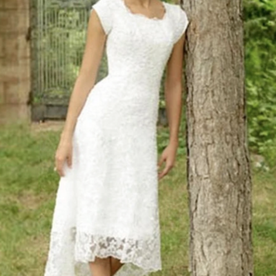 High low u neck cap sleeves modest elegant lace wedding dress,1121