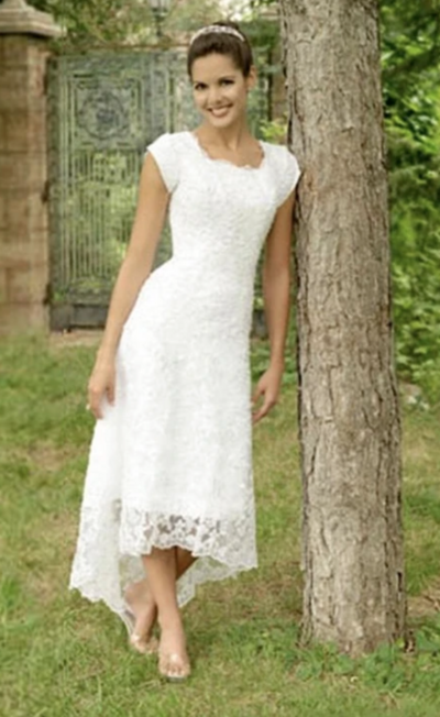 High Low U Neck Cap Sleeves Modest Elegant Lace Wedding Dress,1121