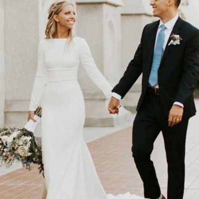 Modest long sleeve white wedding dress | simple formal temple lds bridal gown,1120