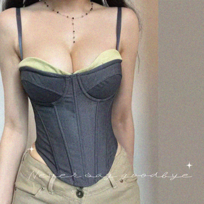 Spliced ​​contrast color hot girl fishbone chest cotton vest - Thumbnail 1