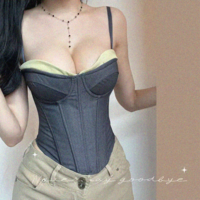 Spliced ​​contrast color hot girl fishbone chest cotton vest - Thumbnail 3