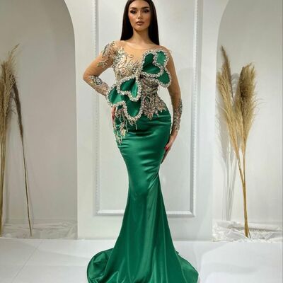 Green sheath prom dresses for african women long sleeve beading crystals birthday party dress evening formal dress