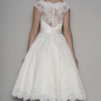 Tea-Length A-Line Cap Sleeve Square Neck Ribboned Lace Wedding Dress,1124 - Thumbnail 1