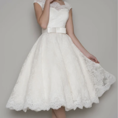 Tea-length a-line cap sleeve square neck ribboned lace wedding dress,1124