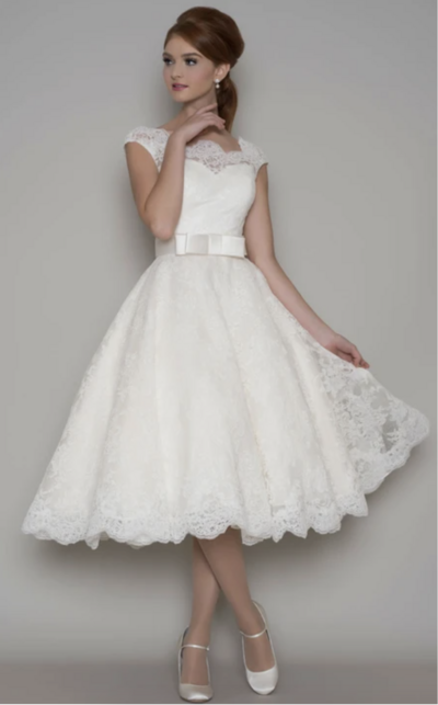 Tea-Length A-Line Cap Sleeve Square Neck Ribboned Lace Wedding Dress,1124