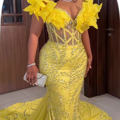Yellow sheath prom dresses for african women off the shoulder beading crystals birthday party dress evening formal gowns