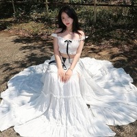 White off-shoulder ruffled cropped top slit pleated long skirt set - Thumbnail 6