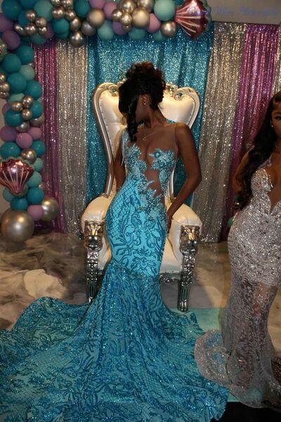 Blue Sheath Prom Dresses for African Women Sequins Lace Birthday Party Dress Evening Formal Dress
