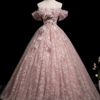 Pink tulle flowers long prom dress, a-line fairy evening dress