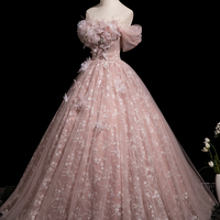 Pink Tulle Flowers Long Prom Dress, A-Line Fairy Evening Dress - Thumbnail 1