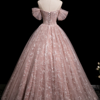 Pink Tulle Flowers Long Prom Dress, A-Line Fairy Evening Dress - Thumbnail 3