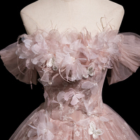 Pink Tulle Flowers Long Prom Dress, A-Line Fairy Evening Dress - Thumbnail 4