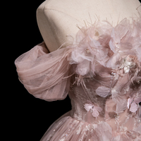 Pink Tulle Flowers Long Prom Dress, A-Line Fairy Evening Dress - Thumbnail 5