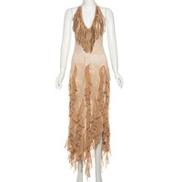 V-neck ethnic style ruffled layered long dress - Thumbnail 3