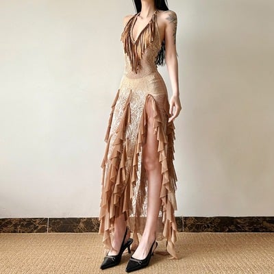 V-neck ethnic style ruffled layered long dress