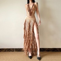 V-neck ethnic style ruffled layered long dress - Thumbnail 1