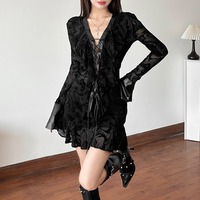 Lace-up black lace long-sleeved V-neck dress - Thumbnail 2