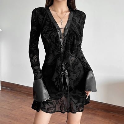 Lace-up black lace long-sleeved v-neck dress