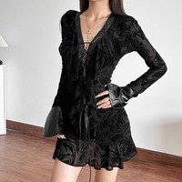 Lace-up black lace long-sleeved V-neck dress - Thumbnail 1
