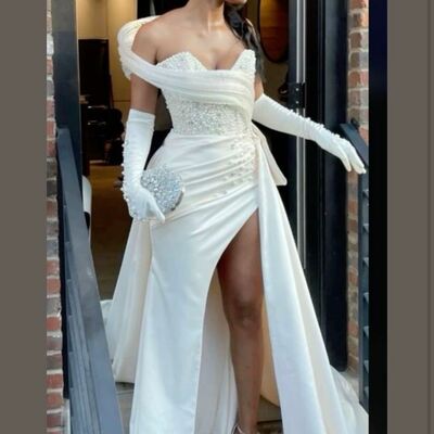 White sheath prom dresses for african women off the shoulder beading crystals birthday party dress evening formal dress