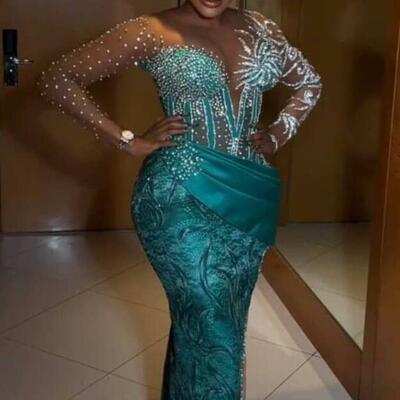 Green sheath prom dresses for african women lace beading crystas birthday party dress evening formal dress