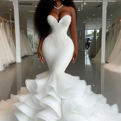 Plus size african luxury wedding dress, mermaid tulle wedding dress bridal gown