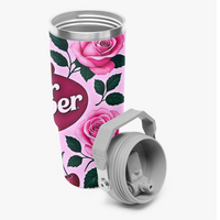 *Pink Rose Pop Design | 30 oz Flip-Straw Stainless Tumbler w/Handle | FREE SHIP! * - Thumbnail 2