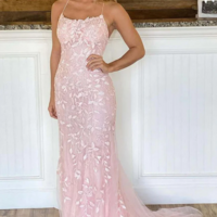 Mermaid Pink Lace Tulle Prom Dress With Lace-up Back  - Thumbnail 1