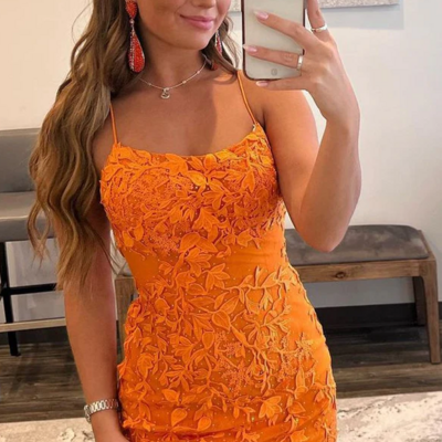 Sexy bodycon short orange lace homecoming dresses