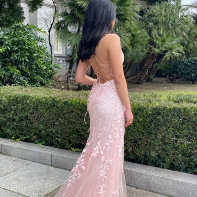 Mermaid pink lace tulle prom dress with lace-up back 